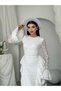Women's White Lace Midi Dress Crew Neck Long Sleeve Flounce Slim Fit