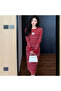 Women's Red Crew neck Long sleeve Midi Dress