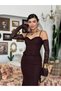 Women's Coffee Color Lace Strap Heart Neckline Waist Ruffle Bodycon Midi Dress - 5