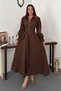 Women's Brown Long Sleeve Shirt Collar Zipper Belted Pocketed Pleated Long Dress