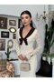 Women's Beige Lace Long Dress V-Neck Bow Detail Long Sleeve - 7