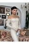 Women's Beige Long Lace Dress Boat Neck Long Sleeve Bodycon Flounce - 5