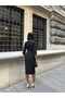 Women's Black Midi Length Pearl-Embellished Round Neck Belted Slit 3/4 Sleeve Dress
