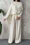 Women's Ecru Top and Bottom Set with Cape Detail, Long Sleeve Blouse and Wide-Leg Pants Two-Piece Set - 4