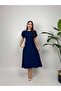 Women's Red - Red Baby Collar Belted Balloon Sleeve Button Detailed Flared Midi Dress - 7