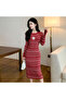 Women's Red Crew neck Long sleeve Midi Dress - 7
