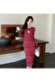 Women's Red Crew neck Long sleeve Midi Dress - 6