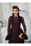 Women's Coffee Lace Midi Dress Crew Neck Long Sleeve Flounced Slim Fit - 5
