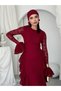 Women's Burgundy Lace Midi Dress Crew Neck Long Sleeve Flounce Slim Fit