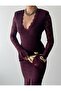 Women's Plum Lace V-Neck Long Sleeve Spanish Sleeve Slit Midi Dress - 3