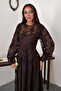 Women's Brown Lace Embroidered Round Neck Balloon Sleeve Lined Maxi Dress - 3