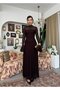 Women's Coffee Lace Midi Dress High Neck Long Sleeve Evening Dress with Flounce Cuffs - 4