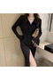 Women's Black Polo collar Long sleeve Dress - 5