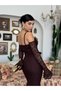 Women's Coffee Color Lace Strap Heart Neckline Waist Ruffle Bodycon Midi Dress - 7