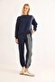Women's Stripe Embroidered Three-Thread Tracksuit Set Navy Blue