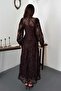 Women's Brown Lace Embroidered Round Neck Balloon Sleeve Lined Maxi Dress - 5
