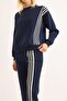 Women's Stripe Embroidered Three-Thread Tracksuit Set Navy Blue - 5