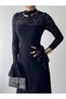 Women's Black Lace Midi Dress High Neck Long Sleeve Evening Dress with Flounce Cuffs - 3