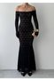 Women's Black Long Lace Dress Boat Neck Long Sleeve Bodycon Flounce - 2