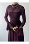 Women's Plum Lace Midi Dress High Neck Long Sleeve Evening Dress with Flounce Cuffs - 3