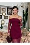 Women's Burgundy Boat Neck Lace Long Sleeve Draped Hem Midi Dress - 5