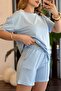 Women's Short-Sleeved Suit with Shorts and Stripes Blue - 4