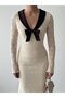 Women's Beige Lace Long Dress V-Neck Bow Detail Long Sleeve - 3