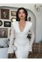 Women's Ecru Lace V-Neck Long Sleeve Spanish Sleeve Slit Midi Dress