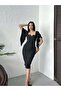 Women's Black Midi Pencil Dress with Square Collar, Flounce Sleeves, Plain Satin, Elegant for Events