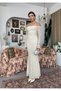 Women's Beige Long Lace Dress Boat Neck Long Sleeve Bodycon Flounce - 6