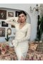 Women's Beige Lace V-Neck Long Sleeve Spanish Sleeve Slit Midi Dress - 5