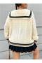 Women's Ecru Black Striped Marine Collar Bow Tie Detailed Hair Knitwear Sweater - 4