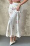 Women's Ecru Satin Floral Patterned Maxi Skirt with Elastic Waist A-Line - 4