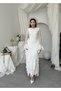 Women's White Lace Midi Dress Crew Neck Long Sleeve Flounce Slim Fit - 4