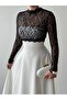 Women's White Lace Top Detailed Long Sleeve High Collar Flared Maxi Dress - 3