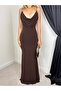 Women's Brown Long Fish Form Draped Collar Thin Strap Draped Evening Dress - 2