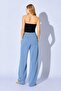 Women's Blue Wide-Legged Three-Thread Palazzo Sweatpants with Tie at the Waist - 4