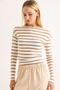 Women's Stripe Pattern Wide Collar Long Sleeve Blouse Milk Coffee - 3
