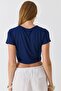 Women's Crew Neck Combed Cotton Crop Blouse Navy Blue - 4