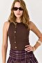 Women's Camisole with Gold Button Detail and Thick Straps, Brown - 3