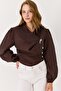 Women's Brooch Detailed Collared Viscose Transparent Blouse Brown