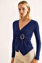 Women's Side Buckle Blouse Navy Blue - 3