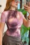 Women's Draped Digital Print Colorful Tshirt Pink - 2