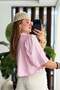 Women's Crew Neck Cropped Short Sleeve Blouse with Piping on the Chest, Pink - 3