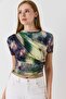 Women's Draped Digital Print Colorful Tshirt Green - 2