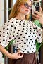 Women's Crew Neck Lycra Polka Dot Patterned Short Sleeve Blouse Brown - 4