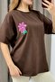 Printed Crew Neck Basic Tshirt Brown - 3