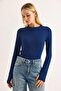 Women's Finger-Hole Long Sleeve Plain Blouse Navy Blue - 3