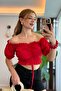 Madonna Collar Gathered Crop Blouse Red