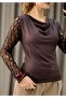 Women's Long Sleeve Lace Modal Draped Blouse Brown - 3